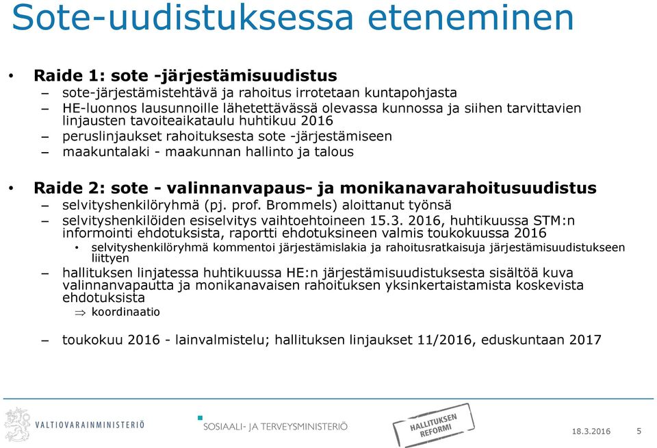 monikanavarahoitusuudistus selvityshenkilöryhmä (pj. prof. Brommels) aloittanut työnsä selvityshenkilöiden esiselvitys vaihtoehtoineen 15.3.