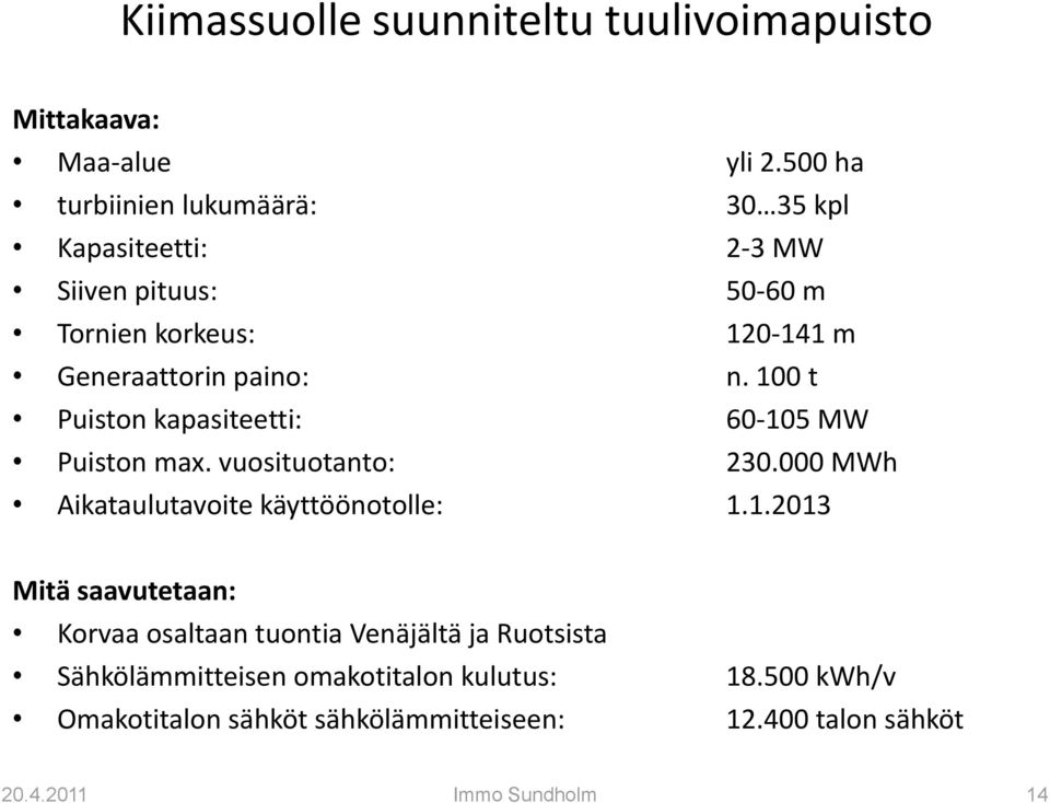 n. 100 t Puiston kapasiteetti: 60-105 MW Puiston max. vuosituotanto: 230.000 MWh Aikataulutavoite käyttöönotolle: 1.1.2013 Mitä saavutetaan: Korvaa osaltaan tuontia Venäjältä ja Ruotsista Sähkölämmitteisen omakotitalon kulutus: 18.