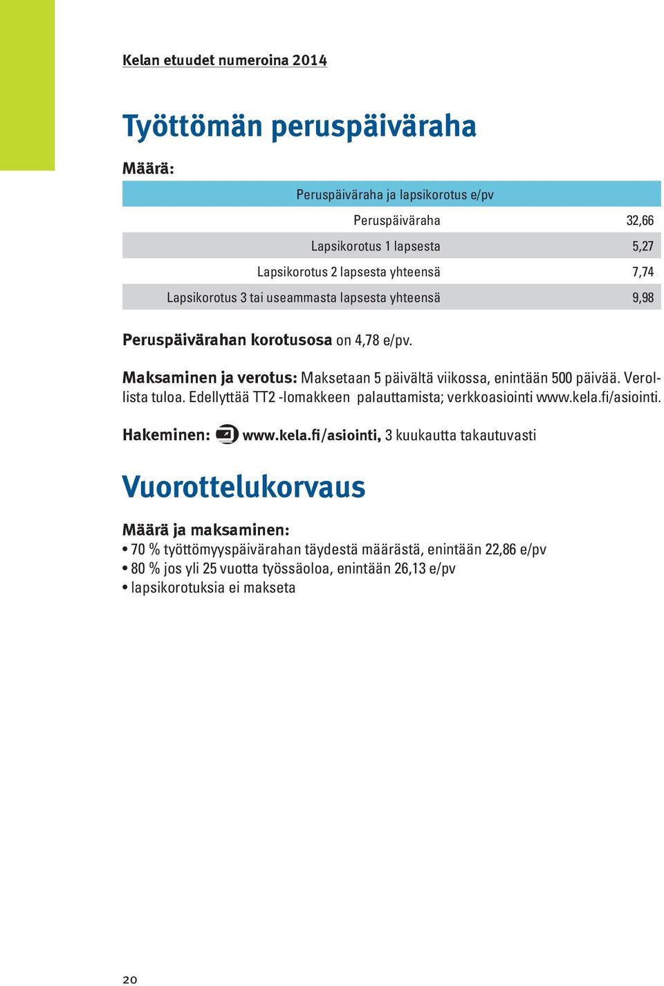 Maksaminen ja verotus: Maksetaan 5 päivältä viikossa, enintään 500 päivää. Verollista tuloa. Edellyttää TT2 -lomakkeen palauttamista; verkkoasiointi www.kela.