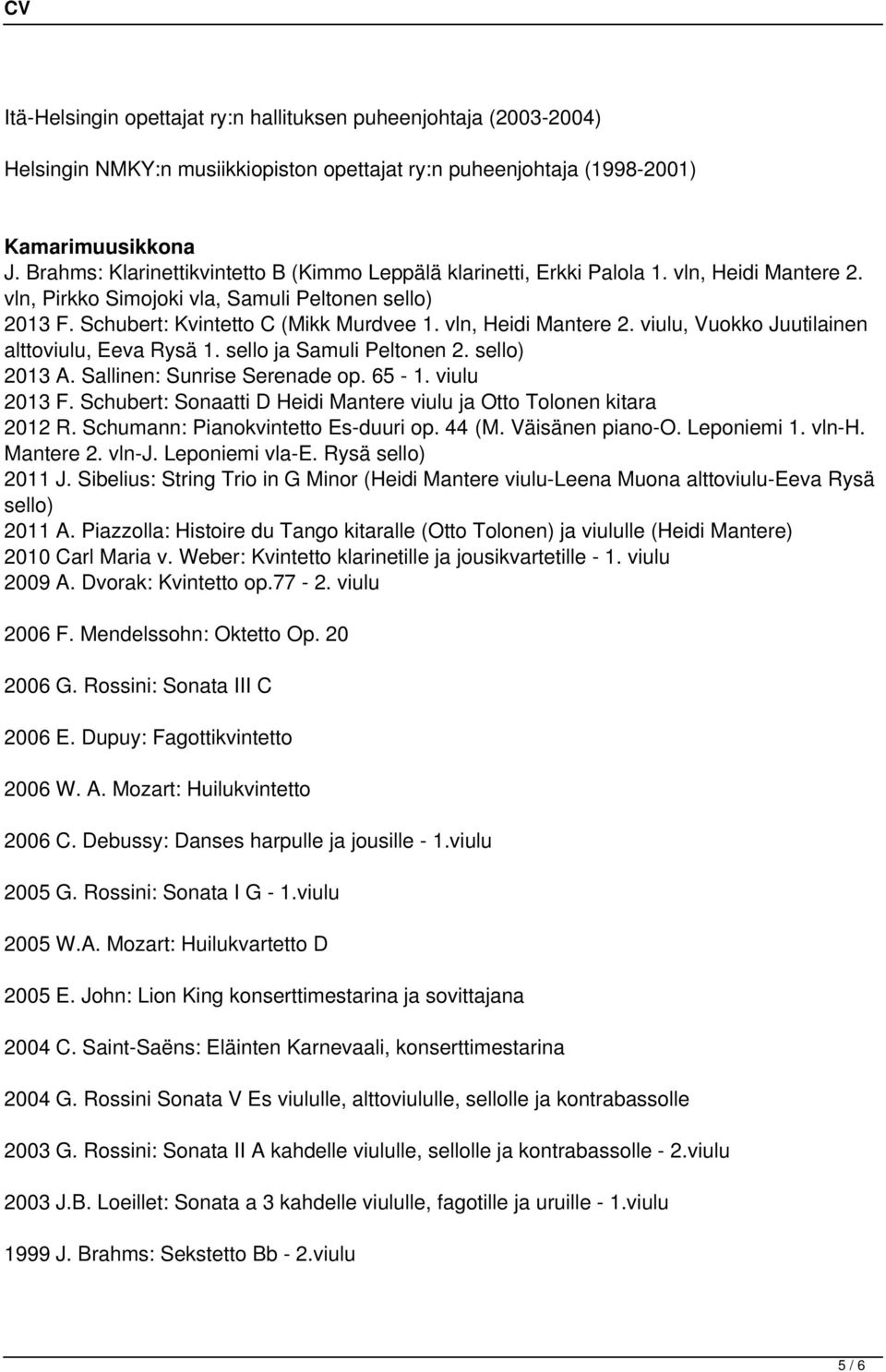 vln, Heidi Mantere 2. viulu, Vuokko Juutilainen alttoviulu, Eeva Rysä 1. sello ja Samuli Peltonen 2. sello) 2013 A. Sallinen: Sunrise Serenade op. 65-1. viulu 2013 F.