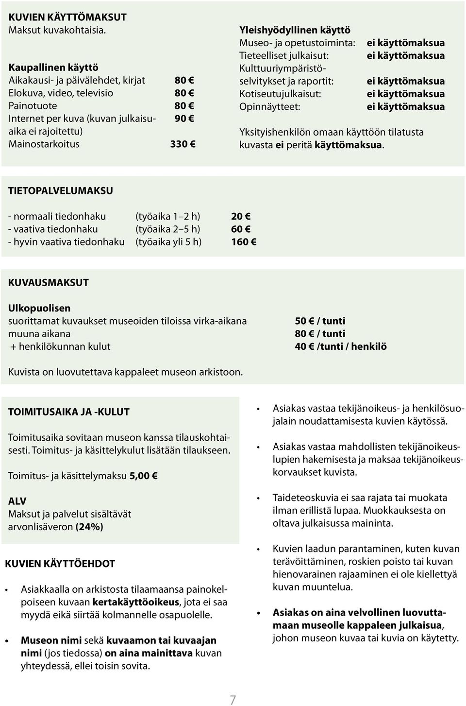 käyttö Museo- ja opetustoiminta: Tieteelliset julkaisut: Kulttuuriympäristöselvitykset ja raportit: Kotiseutujulkaisut: Opinnäytteet: ei käyttömaksua ei käyttömaksua ei käyttömaksua ei käyttömaksua
