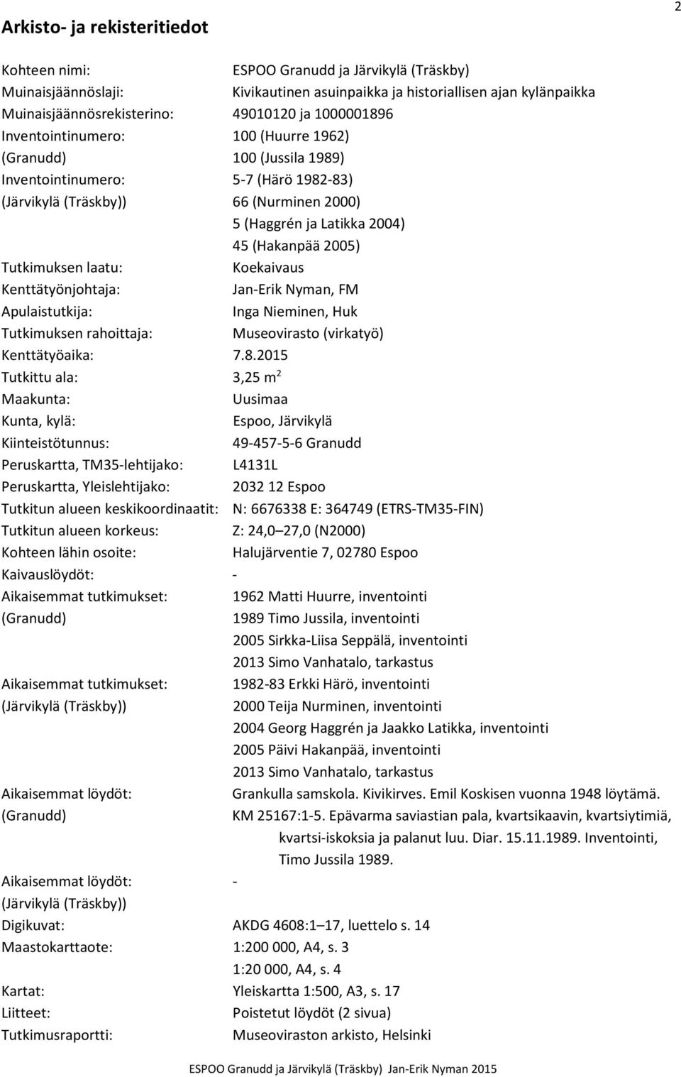 2005) Tutkimuksen laatu: Koekaivaus Kenttätyönjohtaja: Jan-Erik Nyman, FM Apulaistutkija: Inga Nieminen, Huk Tutkimuksen rahoittaja: Museovirasto (virkatyö) Kenttätyöaika: 7.8.