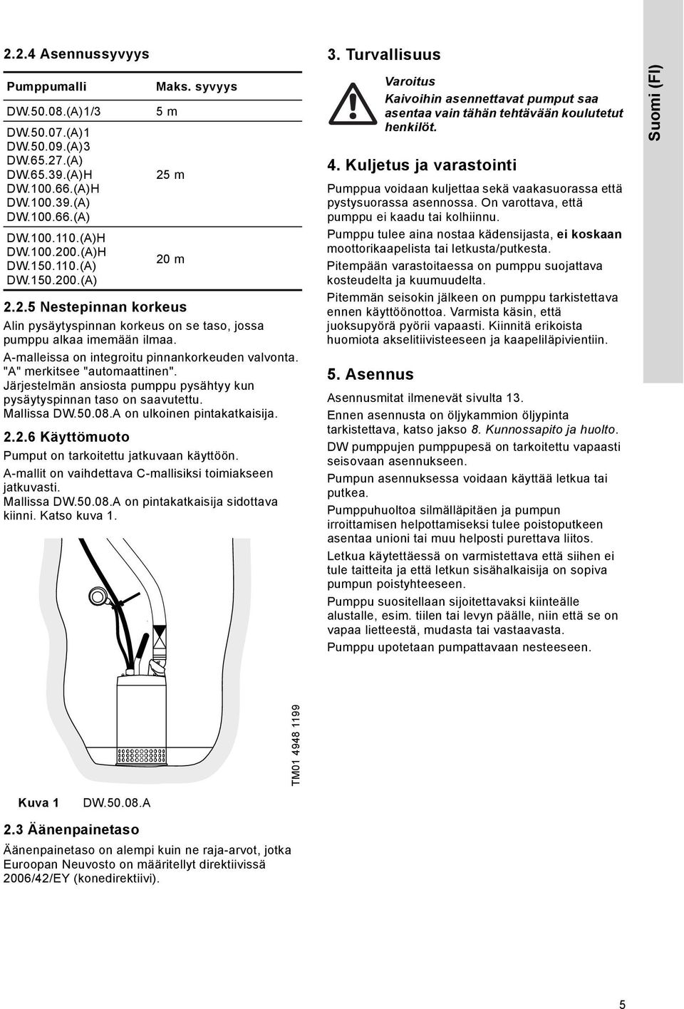 "A" merkitsee "automaattinen". Järjestelmän ansiosta pumppu pysähtyy kun pysäytyspinnan taso on saavutettu. Mallissa DW.50.08.A on ulkoinen pintakatkaisija. 2.