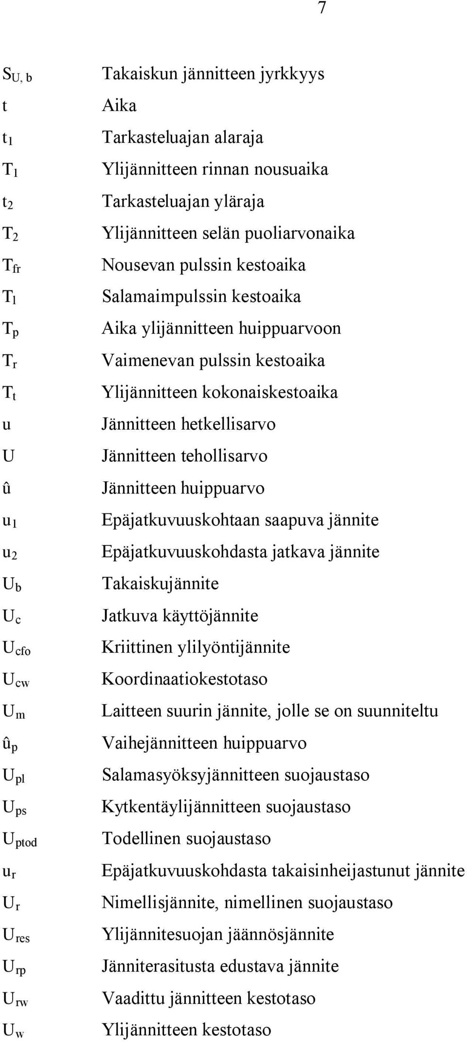 kestoaika Ylijännitteen kokonaiskestoaika Jännitteen hetkellisarvo Jännitteen tehollisarvo Jännitteen huippuarvo Epäjatkuvuuskohtaan saapuva jännite Epäjatkuvuuskohdasta jatkava jännite