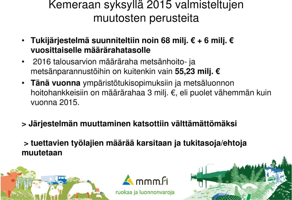 milj. Tänä vuonna ympäristötukisopimuksiin ja metsäluonnon hoitohankkeisiin on määrärahaa 3 milj.