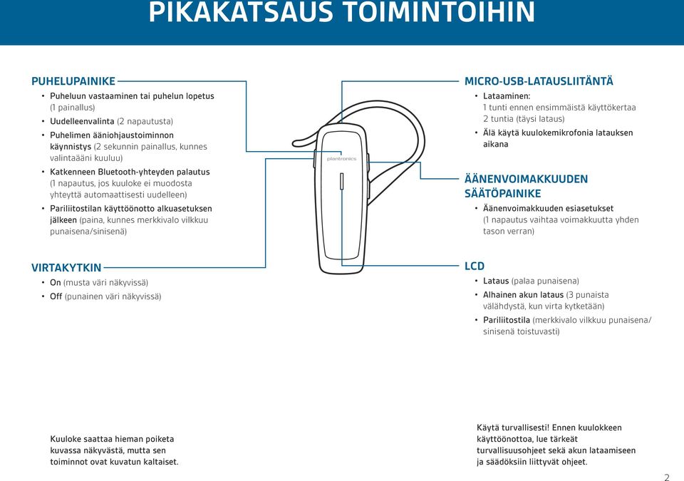 merkkivalo vilkkuu punaisena/sinisenä) MICRO-USB-latausliitäntä Lataaminen: 1 tunti ennen ensimmäistä käyttökertaa 2 tuntia (täysi lataus) Älä käytä kuulokemikrofonia latauksen aikana