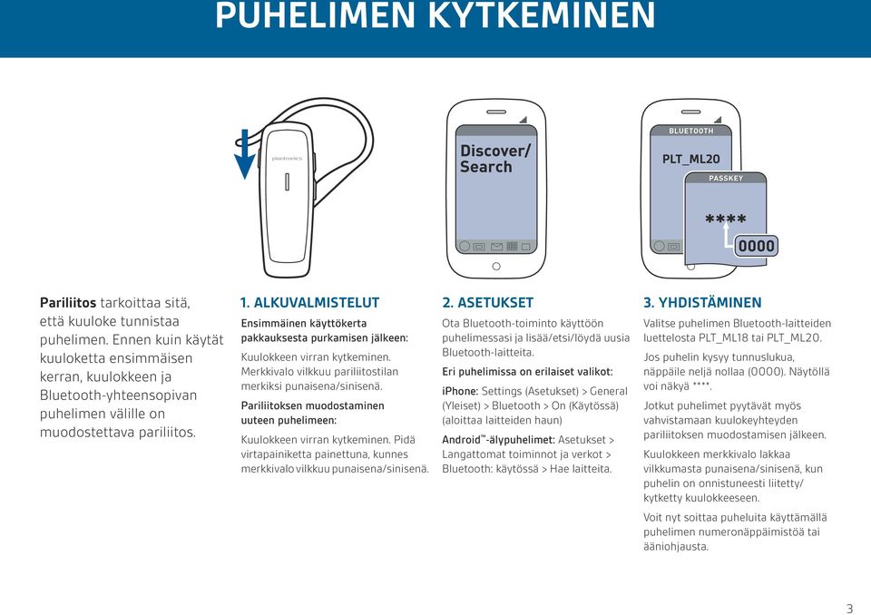 ALKUVALMISTELUT Ensimmäinen käyttökerta pakkauksesta purkamisen jälkeen: Kuulokkeen virran kytkeminen. Merkkivalo vilkkuu pariliitostilan merkiksi punaisena/sinisenä.