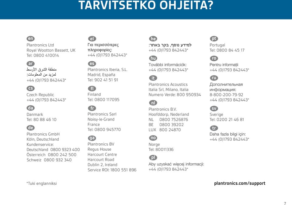 Österreich 0800 242 500 Schweiz 0800 932 340 el Για περισσότερες πληροφορίες: es Plantronics Iberia, S.L.