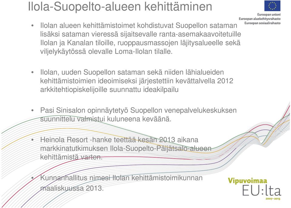 Ilolan, uuden Suopellon sataman sekä niiden lähialueiden kehittämistoimien ideoimiseksi järjestettiin kevättalvella 2012 arkkitehtiopiskelijoille suunnattu ideakilpailu Pasi Sinisalon