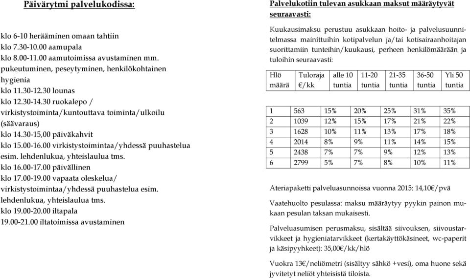 lehdenlukua, yhteislaulua tms. klo 16.00-17.00 päivällinen klo 17.00-19.00 vapaata oleskelua/ virkistystoimintaa/yhdessä puuhastelua esim. lehdenlukua, yhteislaulua tms. klo 19.00-20.00 iltapala 19.