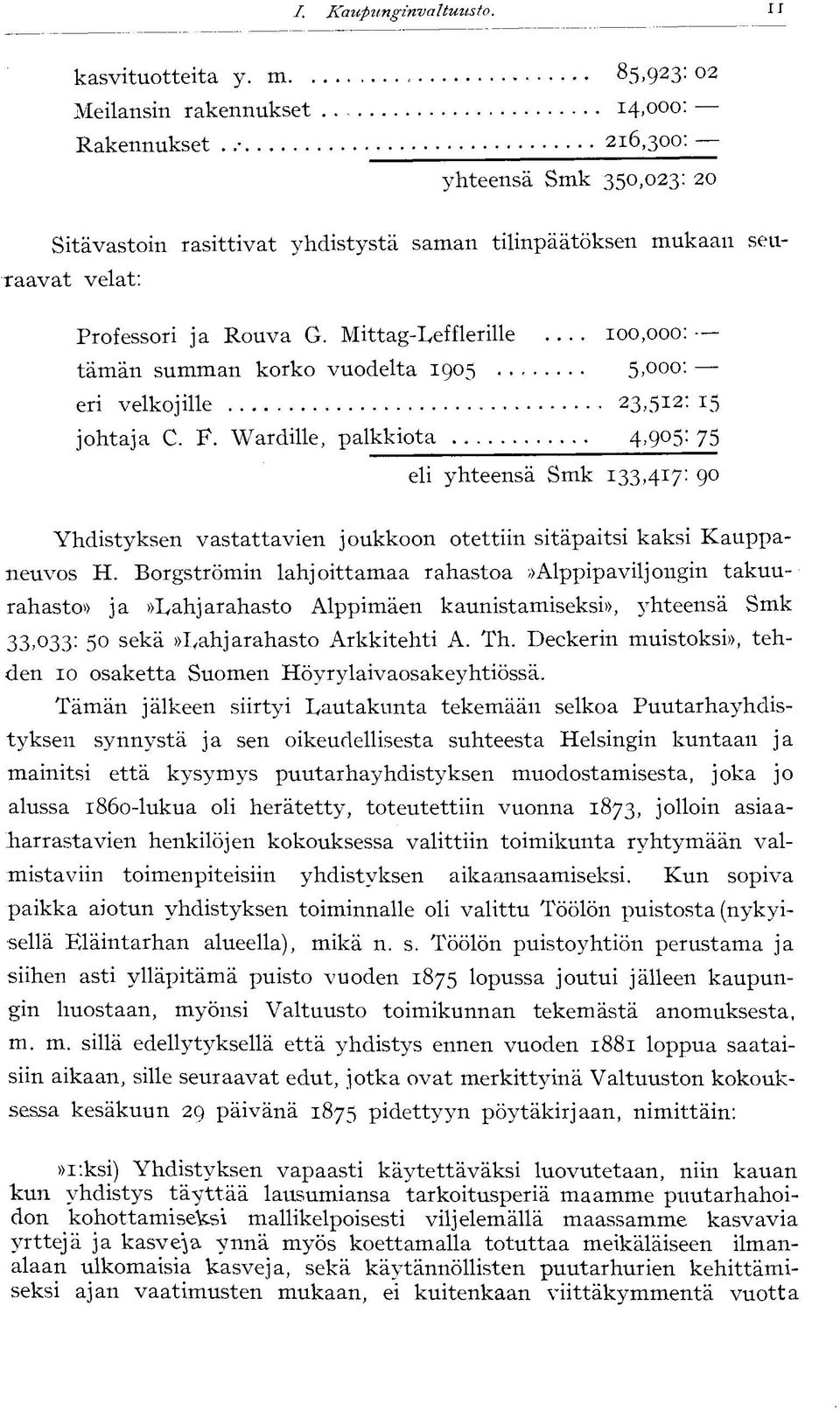 Mittag-Lefflerille 100,000: tämän summan korko vuodelta 1905 5,000: eri velkojille 23,512: 15 johtaja C. F. Wardille, palkkiota.
