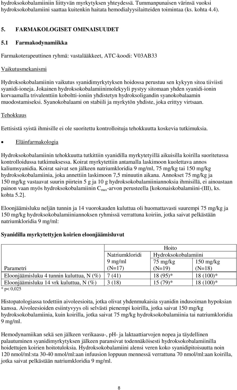 1 Farmakodynamiikka Farmakoterapeuttinen ryhmä: vastalääkkeet, ATC-koodi: V03AB33 Vaikutusmekanismi Hydroksokobalamiinin vaikutus syanidimyrkytyksen hoidossa perustuu sen kykyyn sitoa tiiviisti
