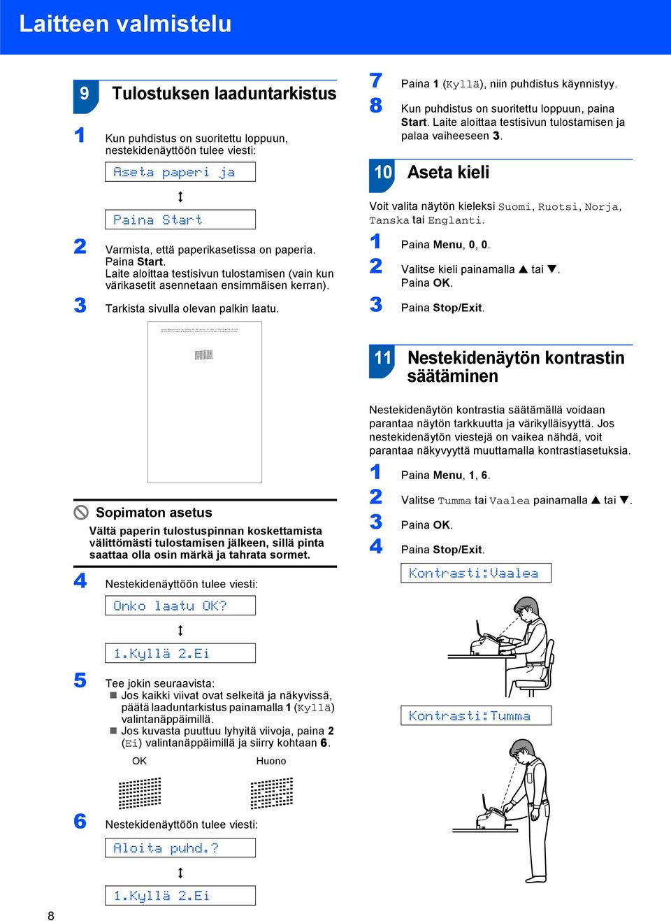 7 Paina (Kyllä), niin puhdistus käynnistyy. 8 Kun puhdistus on suoritettu loppuun, paina Start. Laite aloittaa testisivun tulostamisen ja palaa vaiheeseen 3.