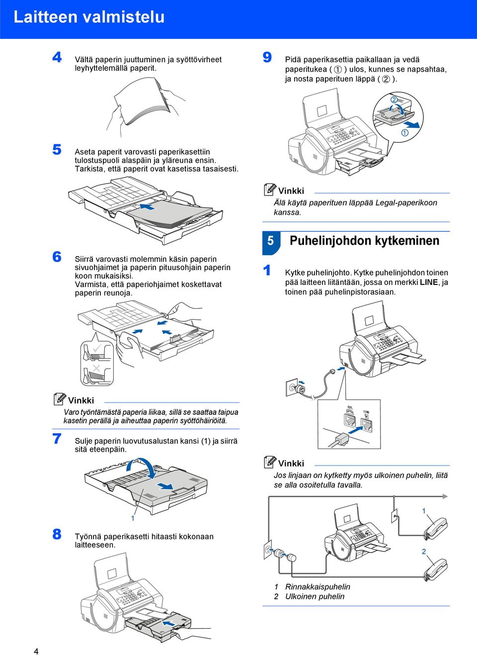 5 Puhelinjohdon kytkeminen 6 Siirrä varovasti molemmin käsin paperin sivuohjaimet ja paperin pituusohjain paperin koon mukaisiksi. Varmista, että paperiohjaimet koskettavat paperin reunoja.