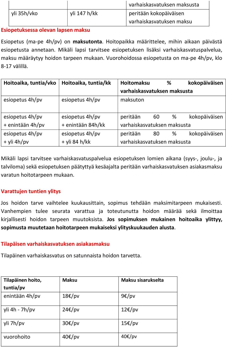 Vuorohoidossa esiopetusta on ma-pe 4h/pv, klo 8-17 välillä.