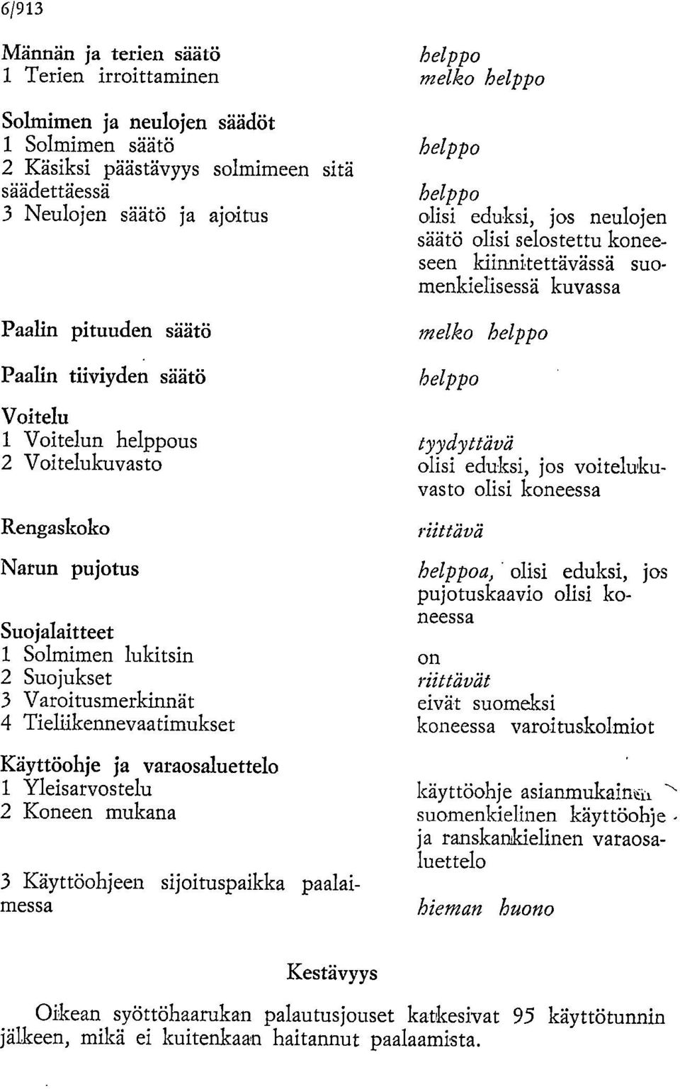 varaosaluettelo 1 Yleisarvostelu 2 Koneen mukana 3 Käyttöohjeen sijoituspaikka paalaimessa helppo melko helppo helppo helppo olisi eduksi, jos neulojen säätä olisi selostettu koneeseen