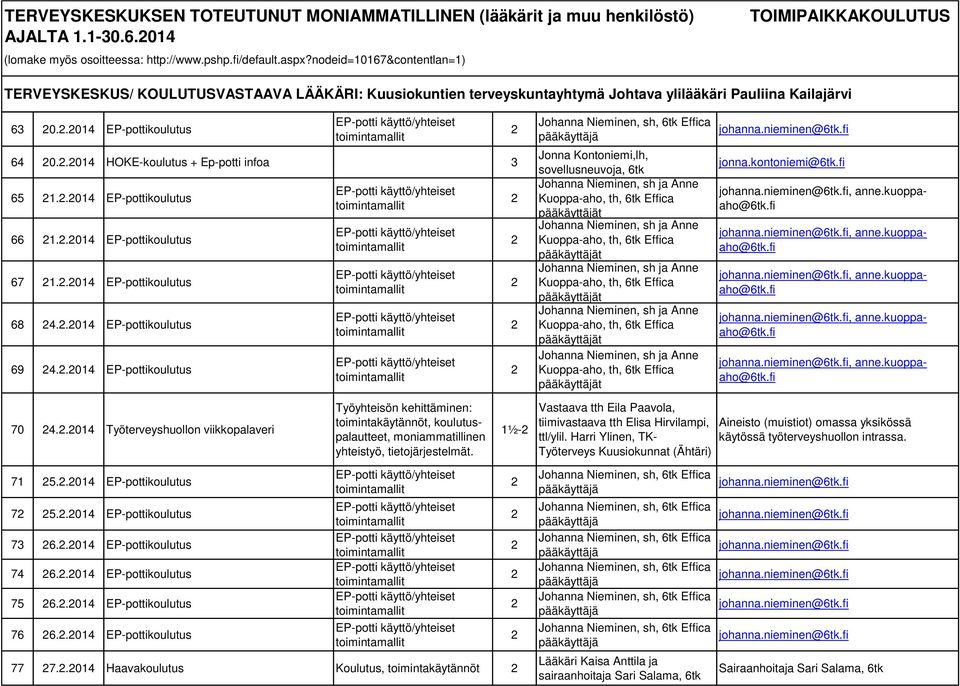 .04 Työterveyshuollon viikkopalaveri ½- 7 5..04 EP-pottikoulutus 7 5..04 EP-pottikoulutus 73 6..04 EP-pottikoulutus 74 6..04 EP-pottikoulutus 75 6.