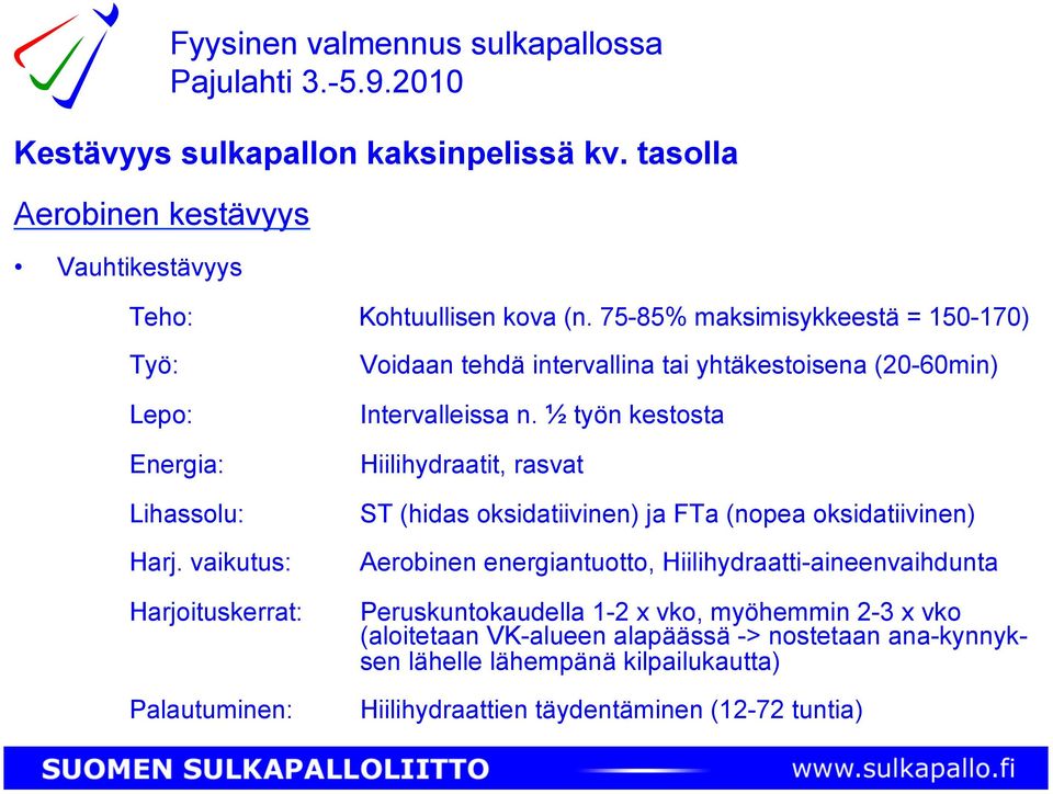 ½ työn kestosta Energia: Hiilihydraatit, rasvat Lihassolu: ST (hidas oksidatiivinen) ja FTa (nopea oksidatiivinen) Harj.