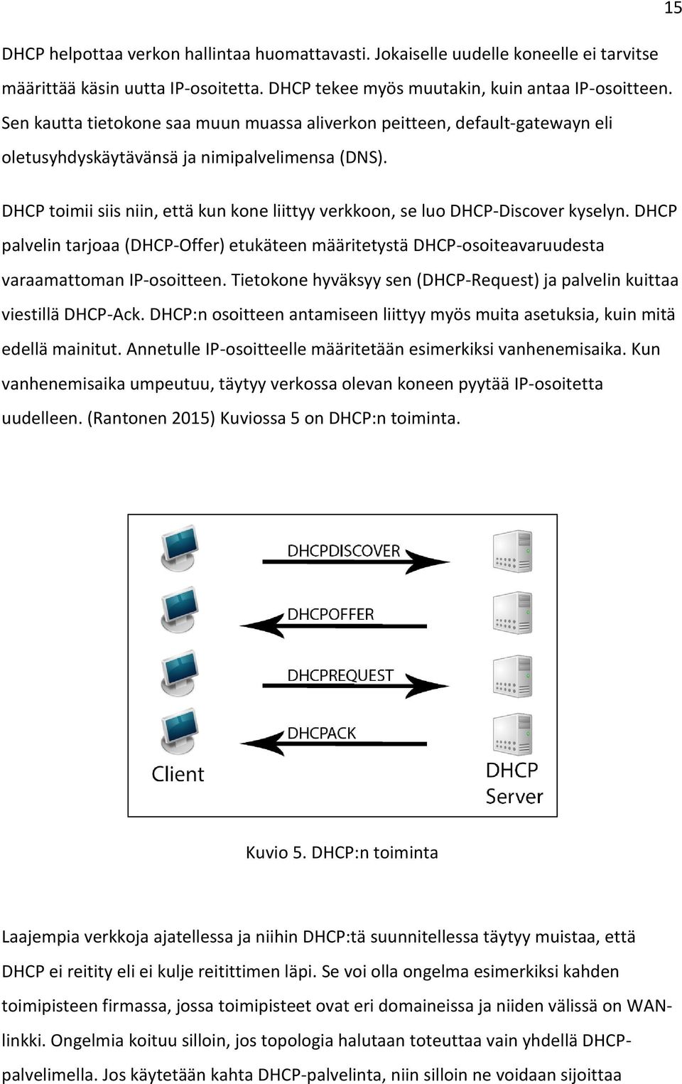 DHCP toimii siis niin, että kun kone liittyy verkkoon, se luo DHCP-Discover kyselyn. DHCP palvelin tarjoaa (DHCP-Offer) etukäteen määritetystä DHCP-osoiteavaruudesta varaamattoman IP-osoitteen.