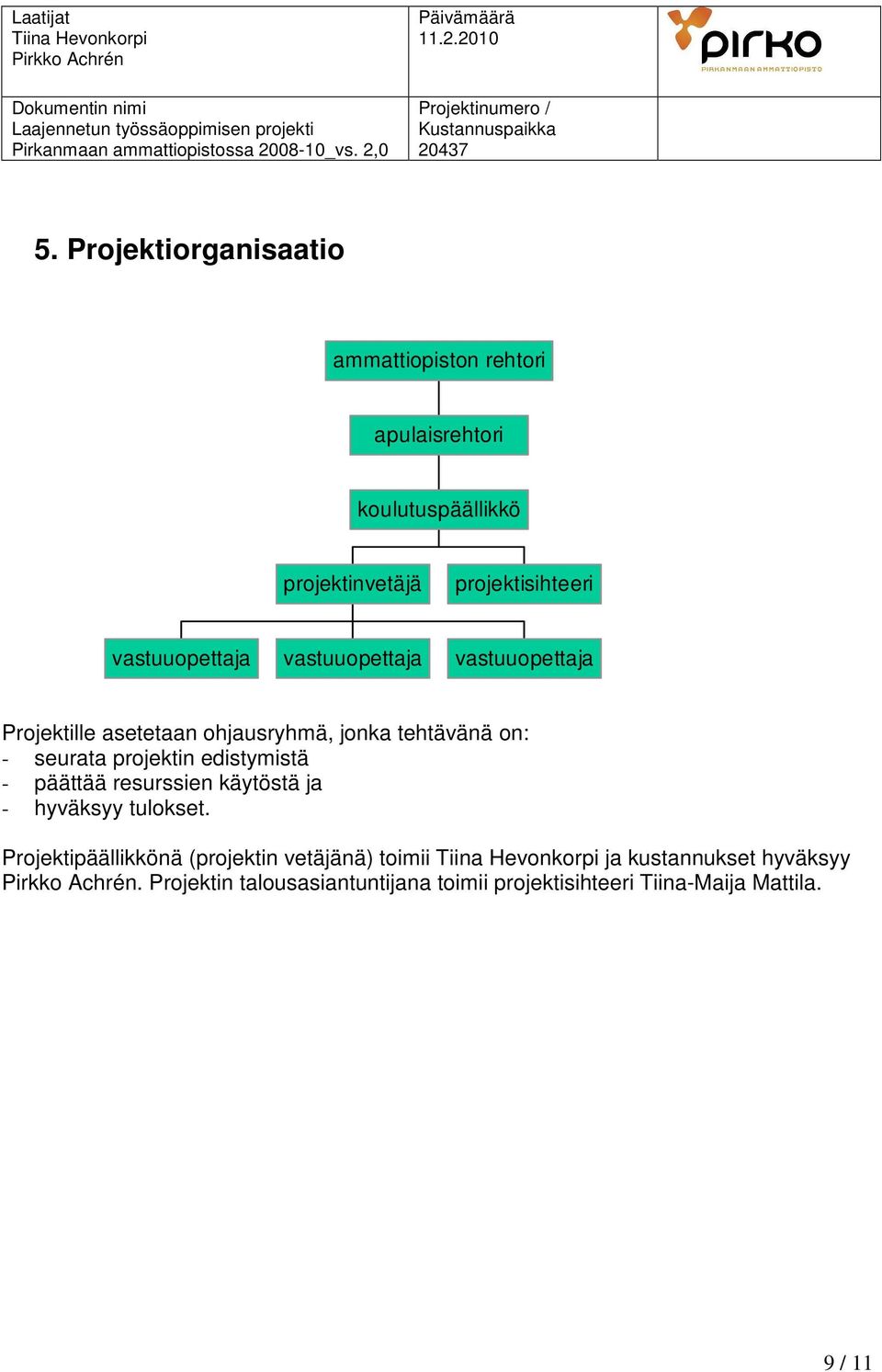 projektin edistymistä - päättää resurssien käytöstä ja - hyväksyy tulokset.