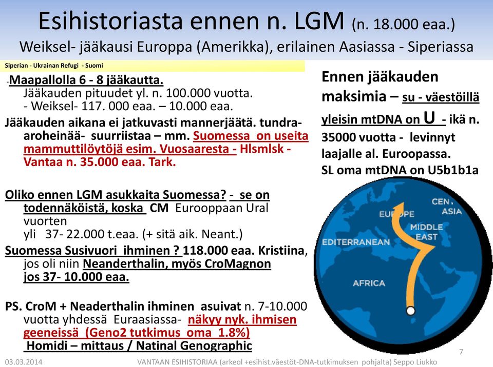 Vuosaaresta - Hlsmlsk - Vantaa n. 35.000 eaa. Tark. Oliko ennen LGM asukkaita Suomessa? - se on todennäköistä, koska CM Eurooppaan Ural vuorten yli 37-22.000 t.eaa. (+ sitä aik. Neant.