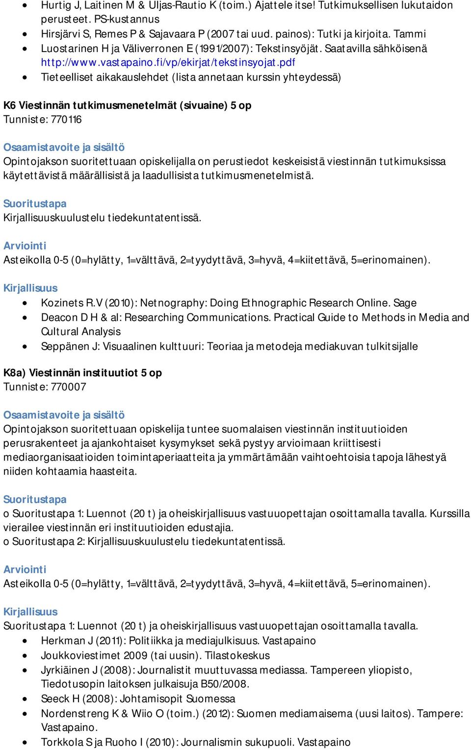 pdf Tieteelliset aikakauslehdet (lista annetaan kurssin yhteydessä) K6 Viestinnän tutkimusmenetelmät (sivuaine) 5 op Tunniste: 770116 Opintojakson suoritettuaan opiskelijalla on perustiedot