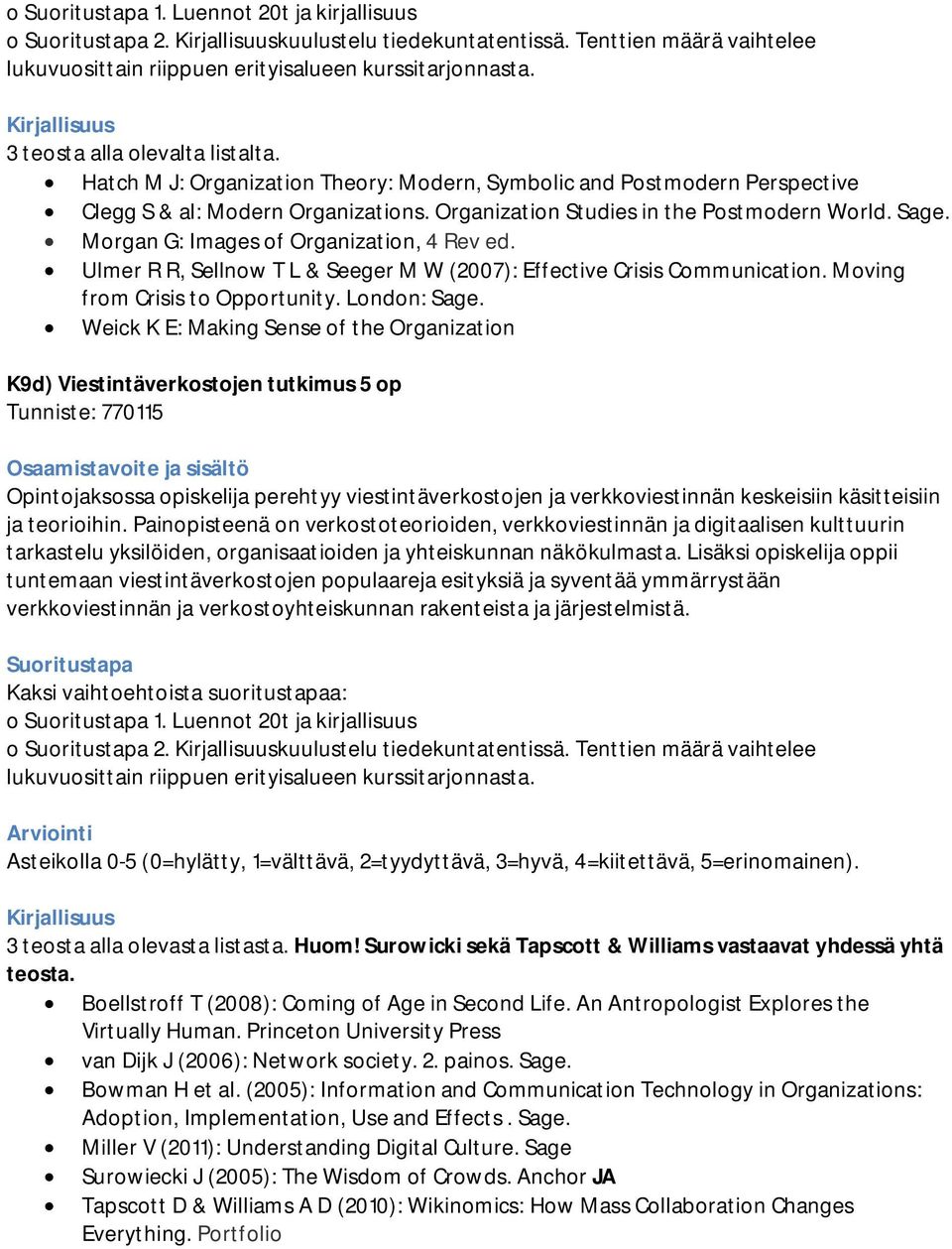 Morgan G: Images of Organization, 4 Rev ed. Ulmer R R, Sellnow T L & Seeger M W (2007): Effective Crisis Communication. Moving from Crisis to Opportunity. London: Sage.