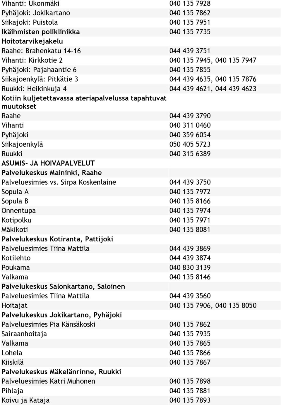 kuljetettavassa ateriapalvelussa tapahtuvat muutokset Raahe 044 439 3790 Vihanti 040 311 0460 Pyhäjoki 040 359 6054 Siikajoenkylä 050 405 5723 Ruukki 040 315 6389 ASUMIS- JA HOIVAPALVELUT