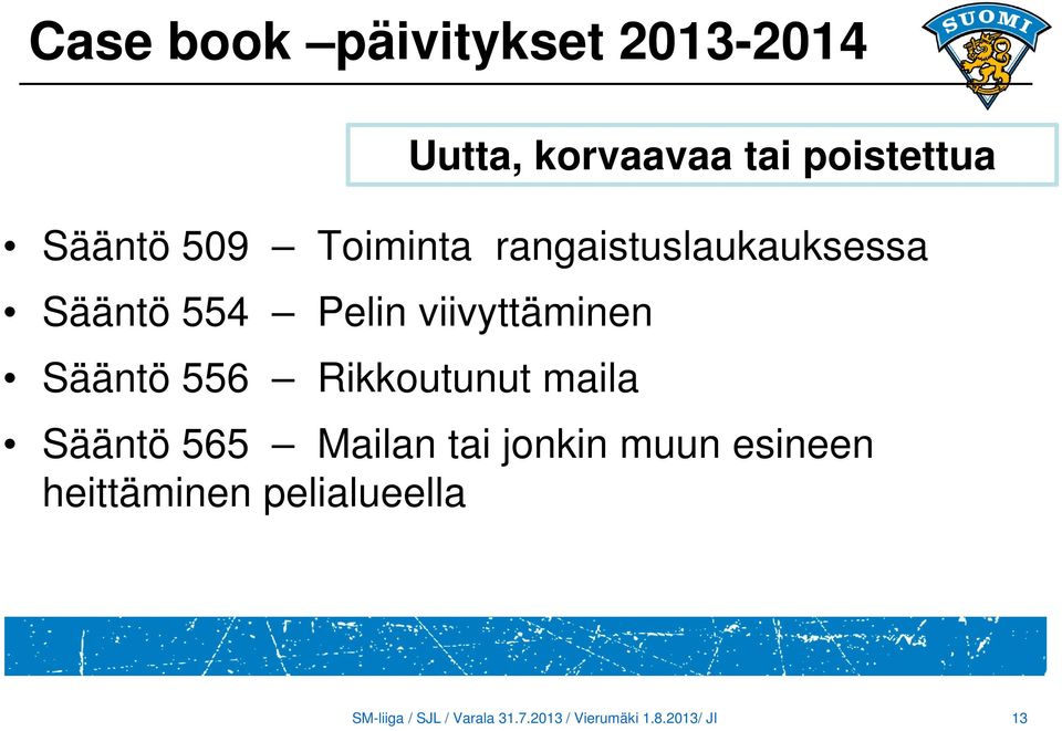 Rikkoutunut maila Uutta, korvaavaa tai poistettua Sääntö 565 Mailan tai