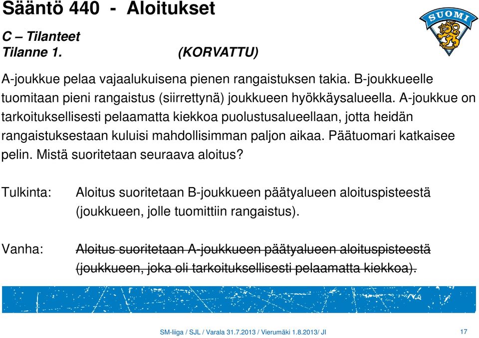 A-joukkue on tarkoituksellisesti pelaamatta kiekkoa puolustusalueellaan, jotta heidän rangaistuksestaan kuluisi mahdollisimman paljon aikaa. Päätuomari katkaisee pelin.