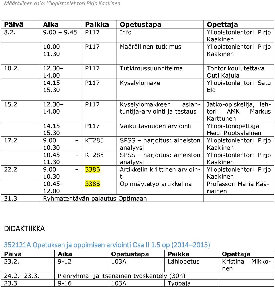 2 12.30 14.00 P117 Kyselylomakkeen asiantuntija-arviointi ja testaus Jatko-opiskelija, lehtori AMK Markus Karttunen 14.15 15.30 P117 Vaikuttavuuden arviointi Yliopistonopettaja Heidi Ruotsalainen 17.