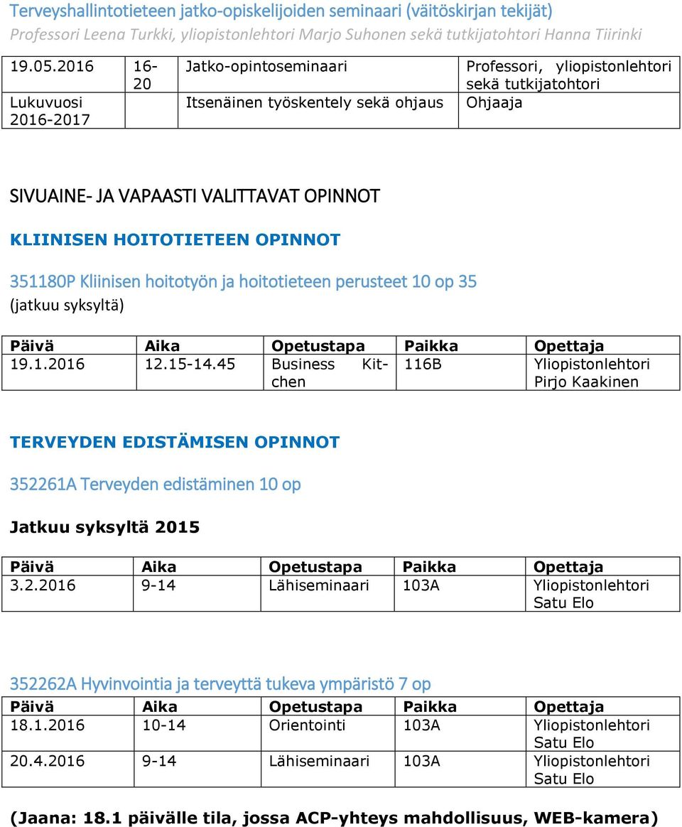 HOITOTIETEEN OPINNOT 351180P Kliinisen hoitotyön ja hoitotieteen perusteet 10 op 35 (jatkuu syksyltä) 19.1.2016 12.15-14.