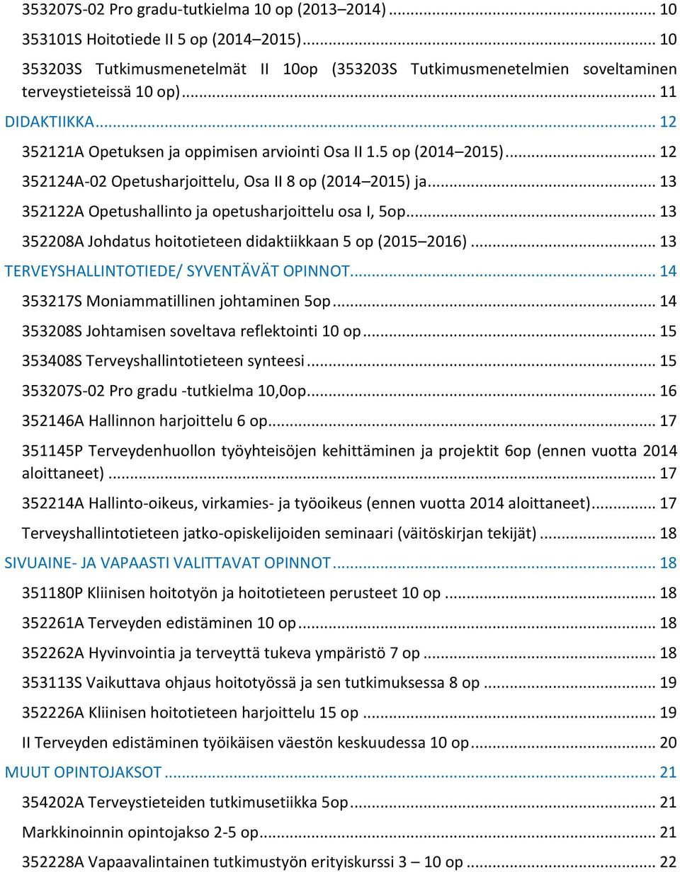 .. 13 352122A Opetushallinto ja opetusharjoittelu osa I, 5op... 13 352208A Johdatus hoitotieteen didaktiikkaan 5 op (2015 2016)... 13 TERVEYSHALLINTOTIEDE/ SYVENTÄVÄT OPINNOT.