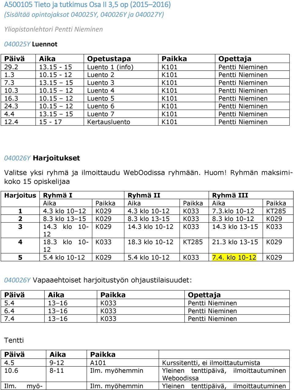 3 10.15 12 Luento 6 K101 Pentti Nieminen 4.4 13.15 15 Luento 7 K101 Pentti Nieminen 12.