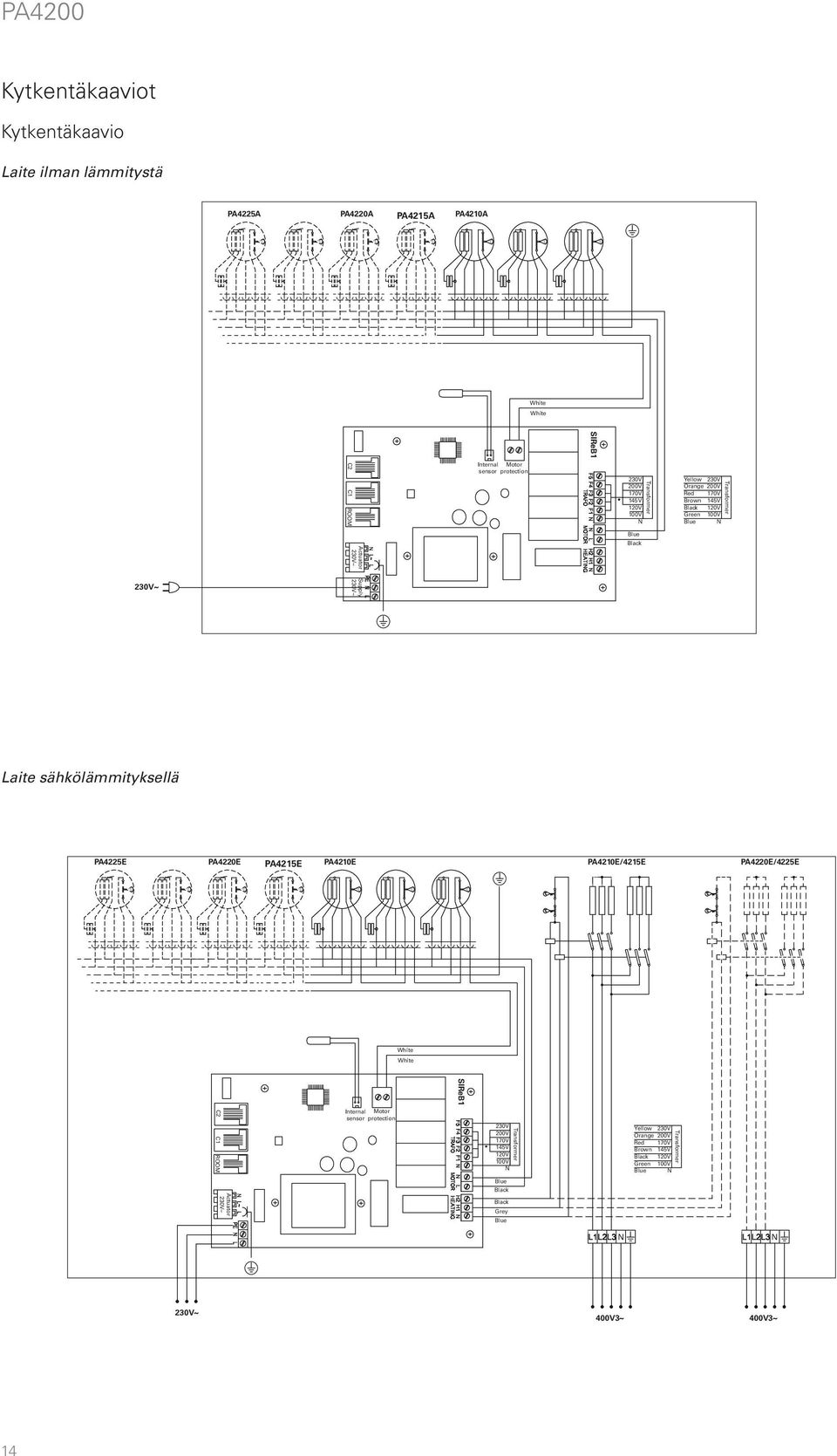 Transformer 230V 200V 170V 145V 120V 100V Black Black Grey Blue Blue White White C2 C1 ROOM Internal sensor Motor protection Transformer 230V 200V 170V 145V