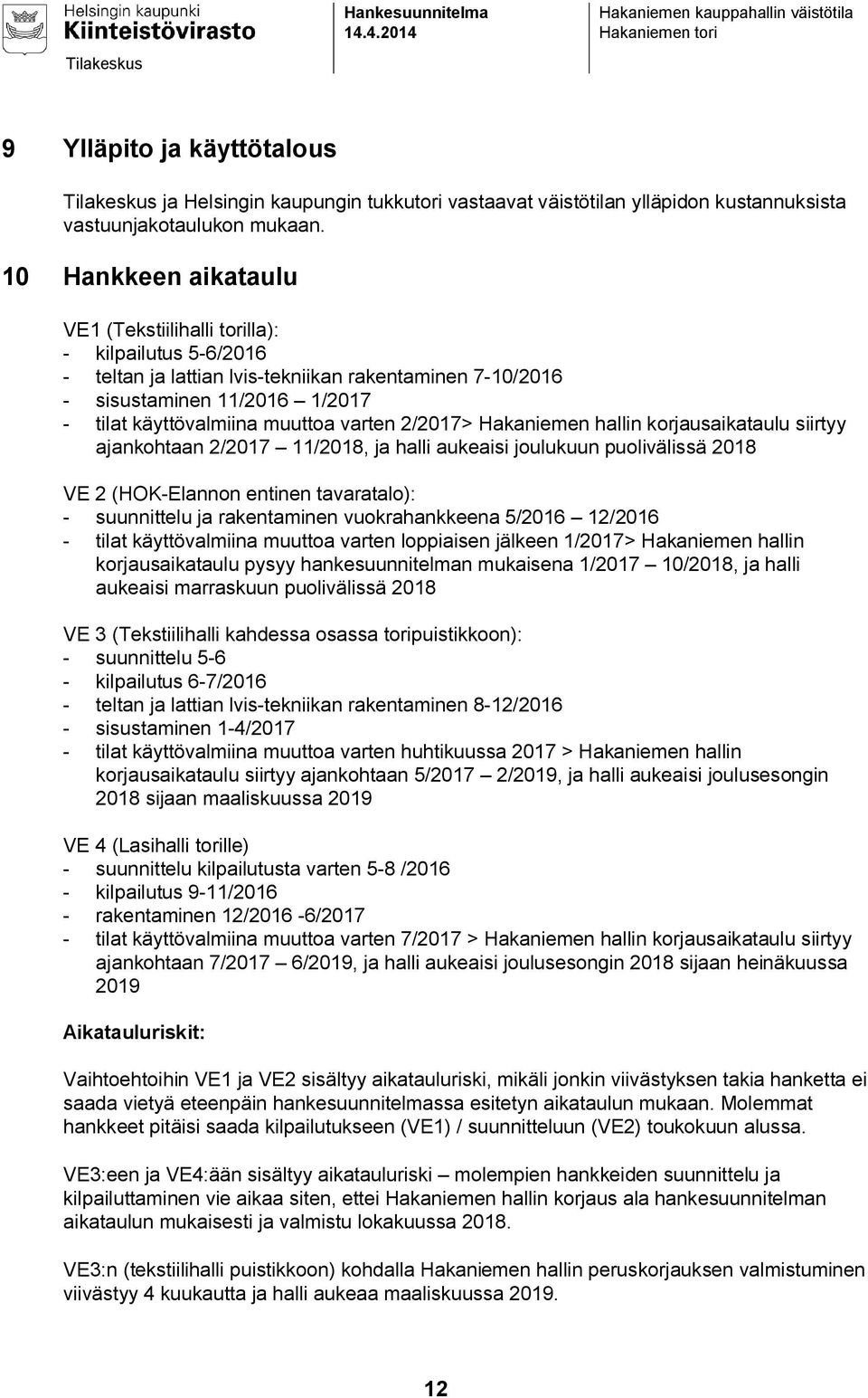 varten 2/2017> Hakaniemen hallin korjausaikataulu siirtyy ajankohtaan 2/2017 11/2018, ja halli aukeaisi joulukuun puolivälissä 2018 VE 2 (HOK-Elannon entinen tavaratalo): - suunnittelu ja