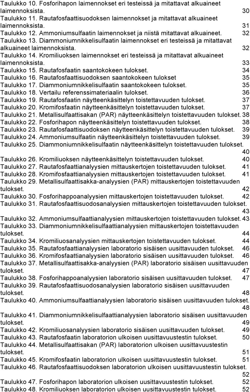 32 Taulukko 14. Kromiliuoksen laimennokset eri testeissä ja mitattavat alkuaineet laimennoksista. 33 Taulukko 15. Rautafosfaatin saantokokeen tulokset. 34 Taulukko 16.