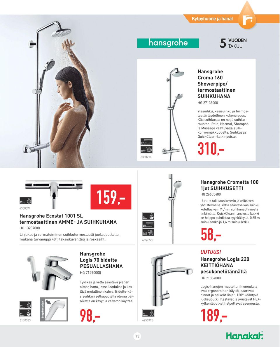 58,- 159,- Hansgrohe Ecostat 1001 SL termostaattinen AMME- JA SUIHKUHANA HG 13287000 Linjakas ja varmatoiminen suihkutermostaatti juoksuputkella, mukana turvanuppi 40, takaiskuventtiili ja roskasihti.