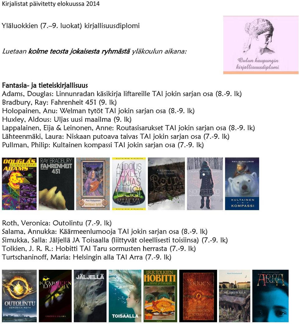 lk) Bradbury, Ray: Fahrenheit 451 (9. lk) Holopainen, Anu: Welman tytöt TAI jokin sarjan osa (8.-9. lk) Huxley, Aldous: Uljas uusi maailma (9.