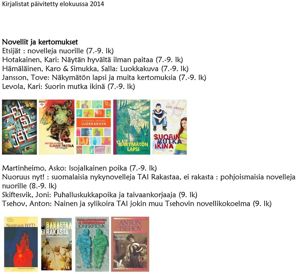 -9. lk) Nuoruus nyt! : suomalaisia nykynovelleja TAI Rakastaa, ei rakasta : pohjoismaisia novelleja nuorille (8.-9. lk) Skiftesvik, Joni: Puhalluskukkapoika ja taivaankorjaaja (9.