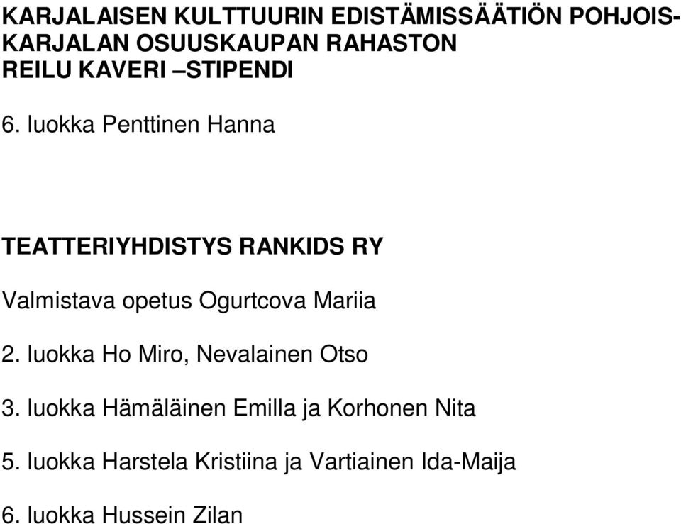 luokka Penttinen Hanna TEATTERIYHDISTYS RANKIDS RY Valmistava opetus Ogurtcova Mariia