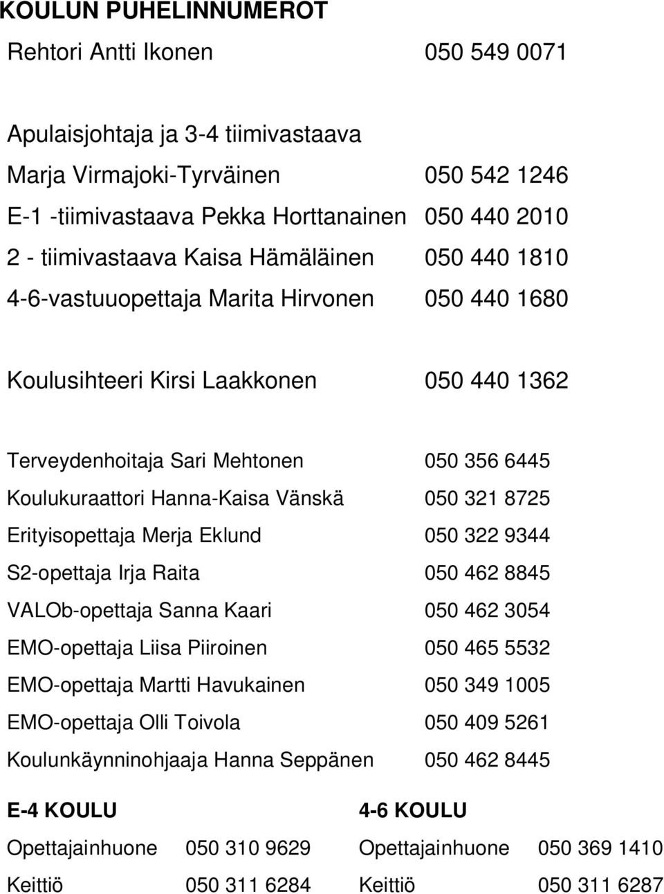 Hanna-Kaisa Vänskä 050 321 8725 Erityisopettaja Merja Eklund 050 322 9344 S2-opettaja Irja Raita 050 462 8845 VALOb-opettaja Sanna Kaari 050 462 3054 EMO-opettaja Liisa Piiroinen 050 465 5532