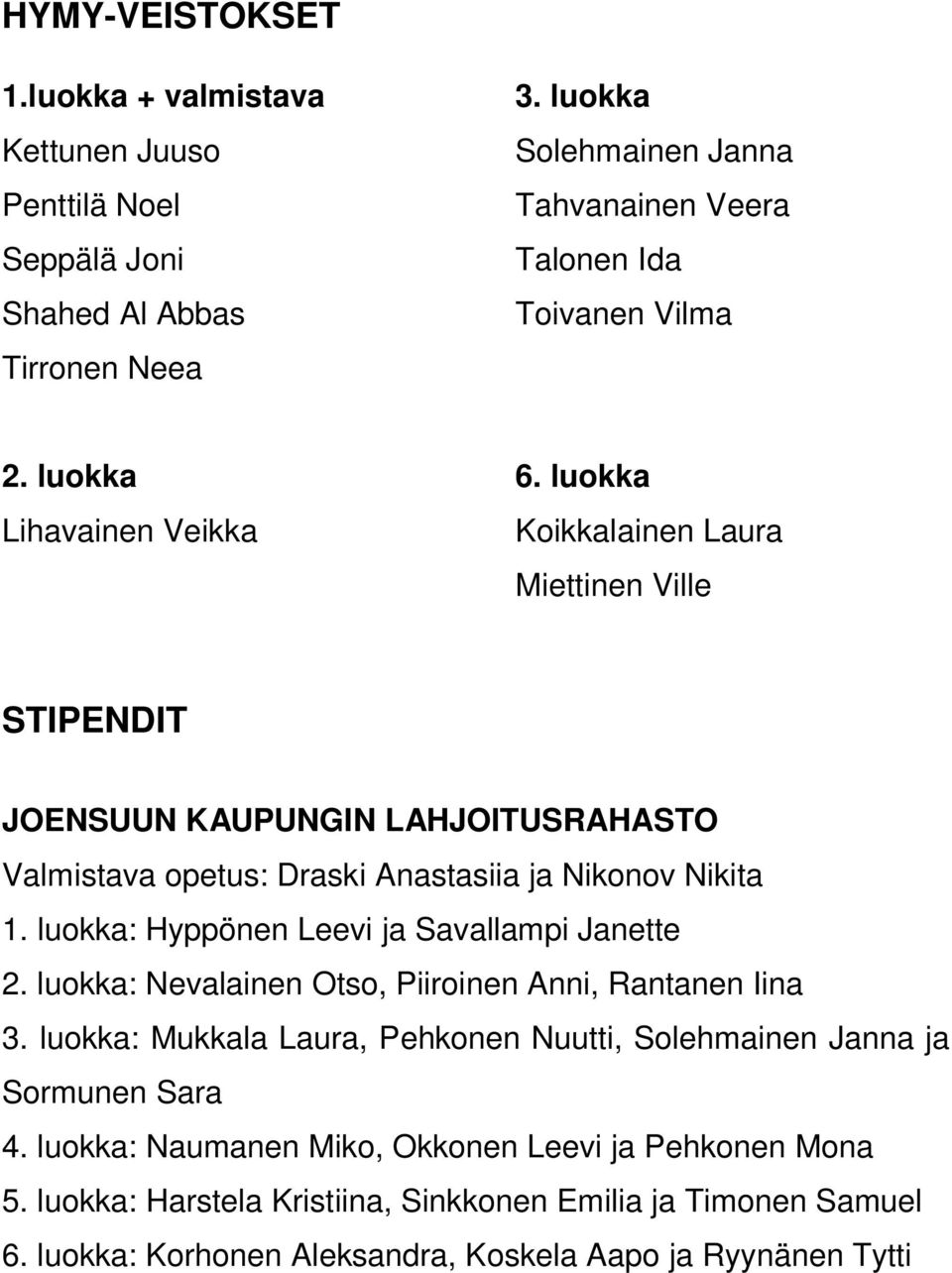 luokka Lihavainen Veikka Koikkalainen Laura Miettinen Ville STIPENDIT JOENSUUN KAUPUNGIN LAHJOITUSRAHASTO Valmistava opetus: Draski Anastasiia ja Nikonov Nikita 1.