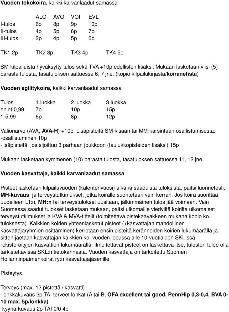 luokka 2.luokka 3.luokka enint.0,99 7p 10p 15p 1-5,99 6p 8p 12p Valionarvo (AVA, AVA-H) +10p.