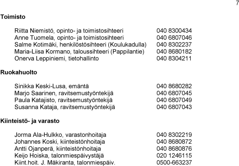 ravitsemustyöntekijä 040 6807045 Paula Katajisto, ravitsemustyöntekijä 040 6807049 Susanna Kataja, ravitsemustyöntekijä 040 6807043 Kiinteistö- ja varasto Jorma Ala-Hulkko,