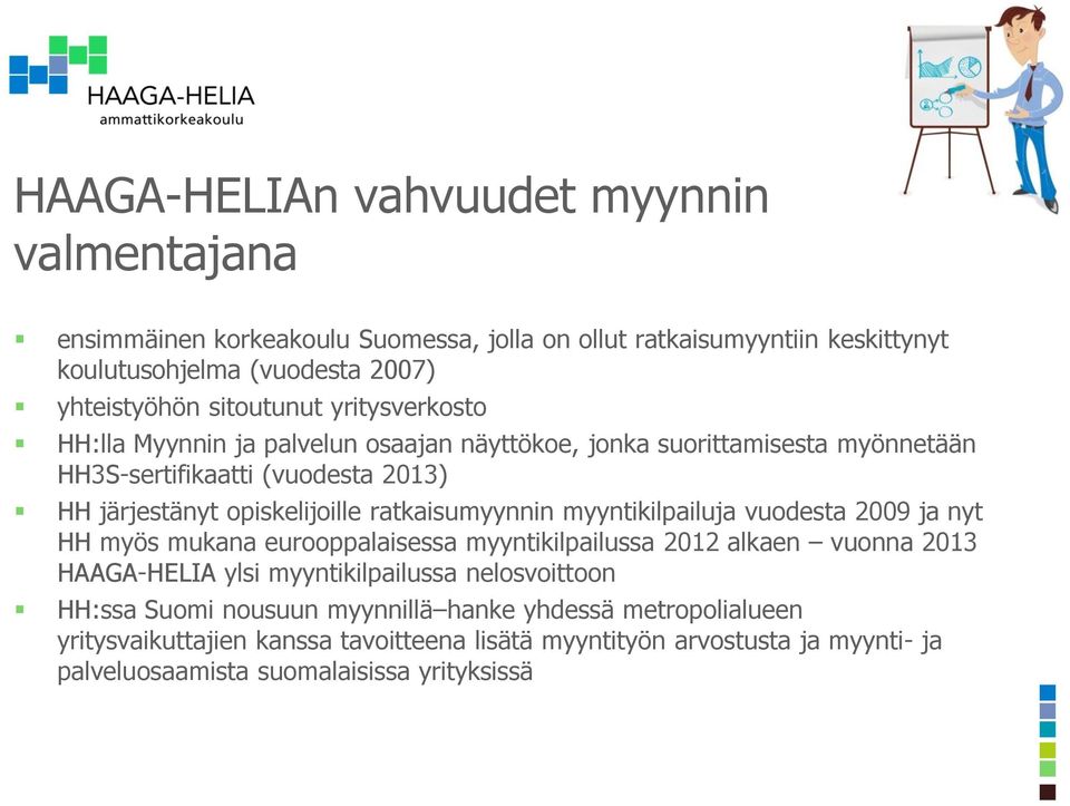 ratkaisumyynnin myyntikilpailuja vuodesta 2009 ja nyt HH myös mukana eurooppalaisessa myyntikilpailussa 2012 alkaen vuonna 2013 HAAGA-HELIA ylsi myyntikilpailussa