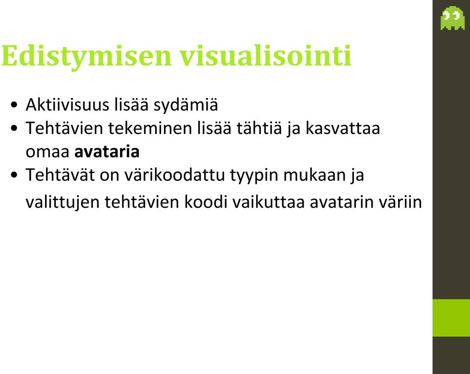 avataria Tehtävät on värikoodattu tyypin mukaan ja