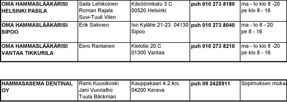 VANTAA TIKKURILA Eero Rantanen Kielotie 20 C 01300 Vantaa puh 010 273 8210 ma - to klo 8-20 pe klo 8-16 HAMMASASEMA