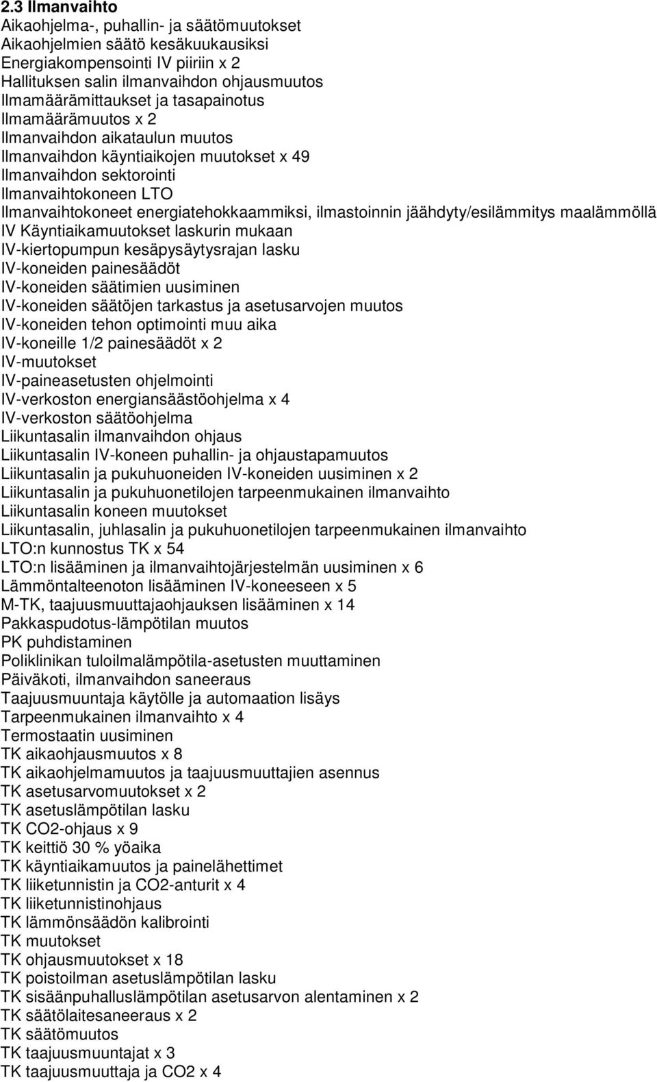 ilmastoinnin jäähdyty/esilämmitys maalämmöllä IV Käyntiaikamuutokset laskurin mukaan IV-kiertopumpun kesäpysäytysrajan lasku IV-koneiden painesäädöt IV-koneiden säätimien uusiminen IV-koneiden