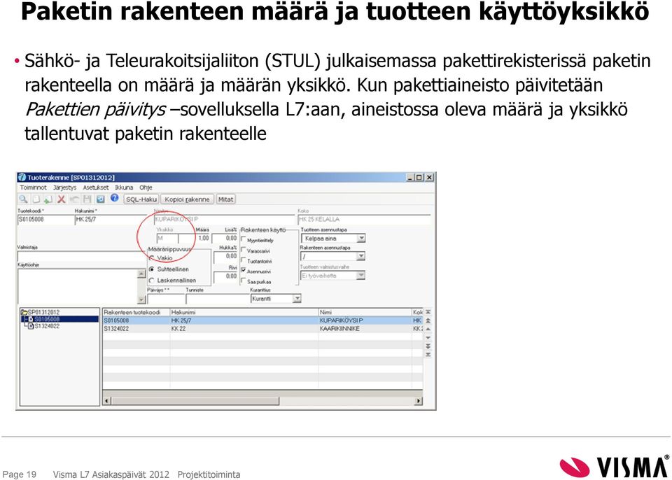 Kun pakettiaineisto päivitetään Pakettien päivitys sovelluksella L7:aan, aineistossa oleva